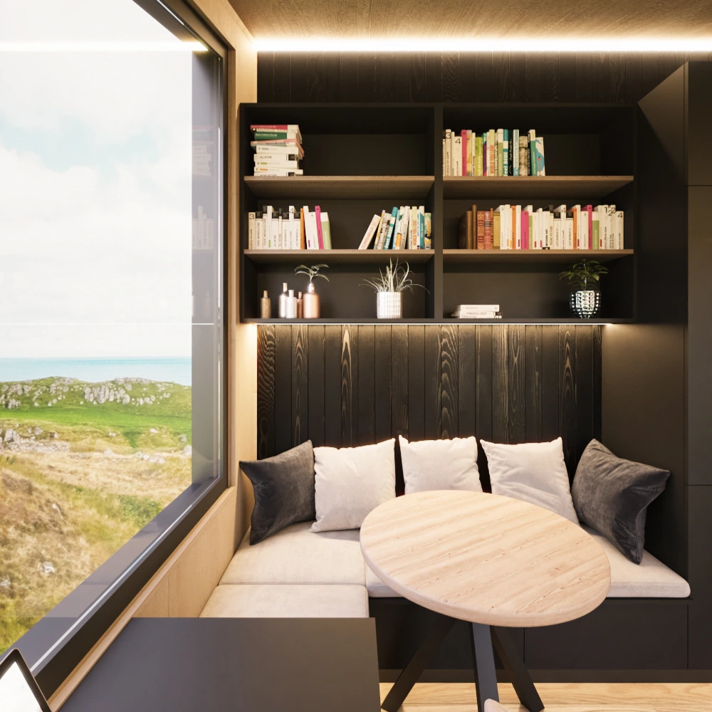 Canapea in tiny house Pixel si loc de luat masa, biblioteca si iluminat cu led