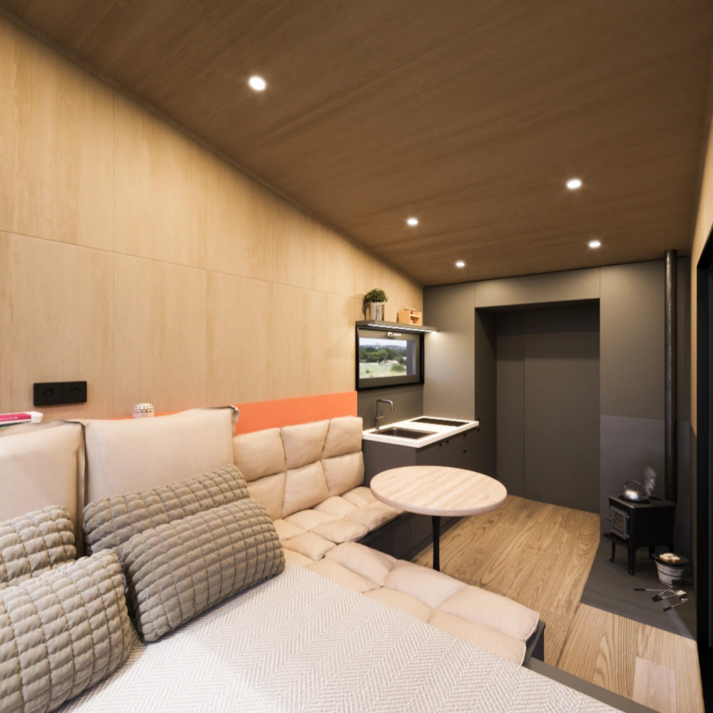 Tiny house Ambra  cu soba si mobila neagra, lambriu lemn si pat la fereastra