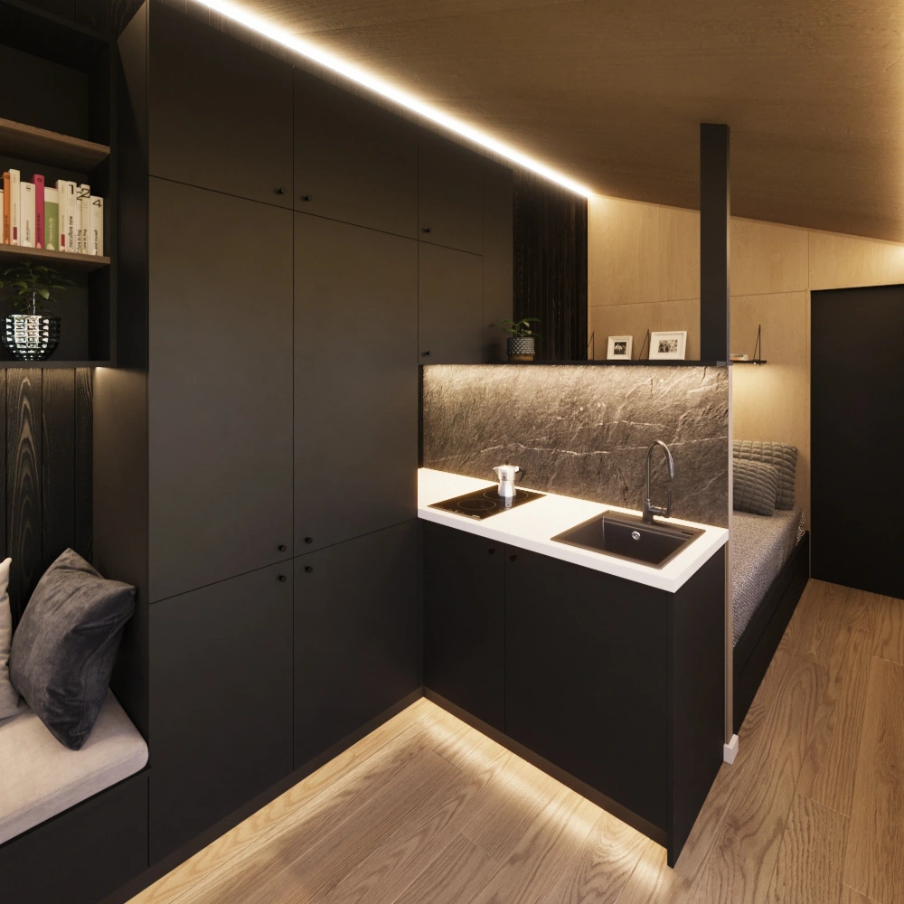 Tiny house Pixel cu interior lemn mobila neagra