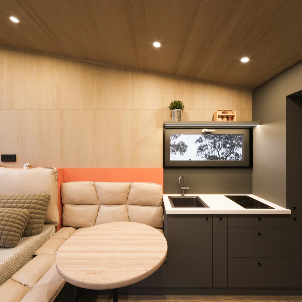 Tiny house Ambra cu bucatarie gri antracit si loc de luat masa cu pat la geam