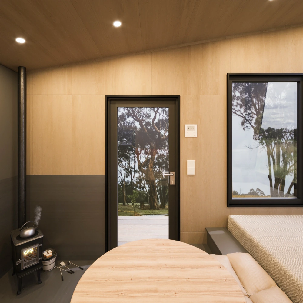 Tiny house Ambra cu soba si pat la fereastra
