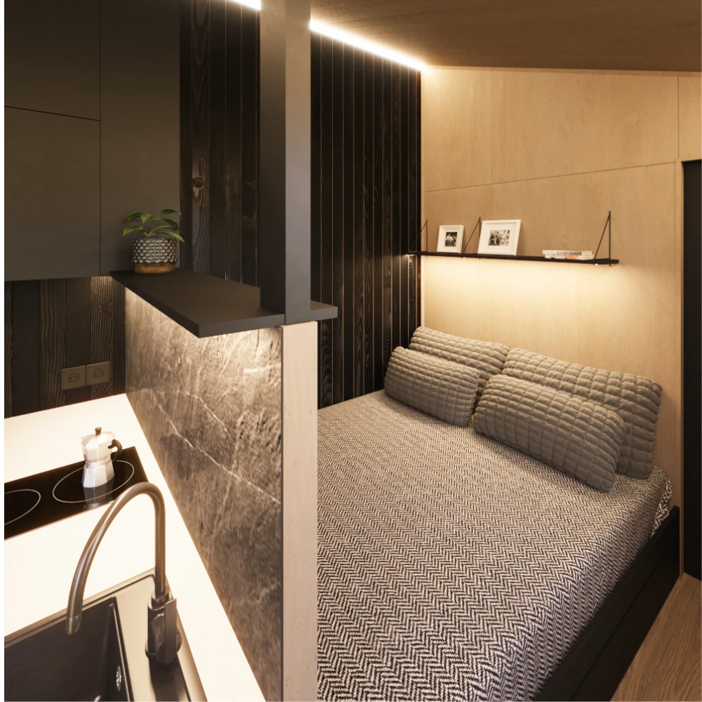 Dormitor tiny house cu panou lemn si iluminat led