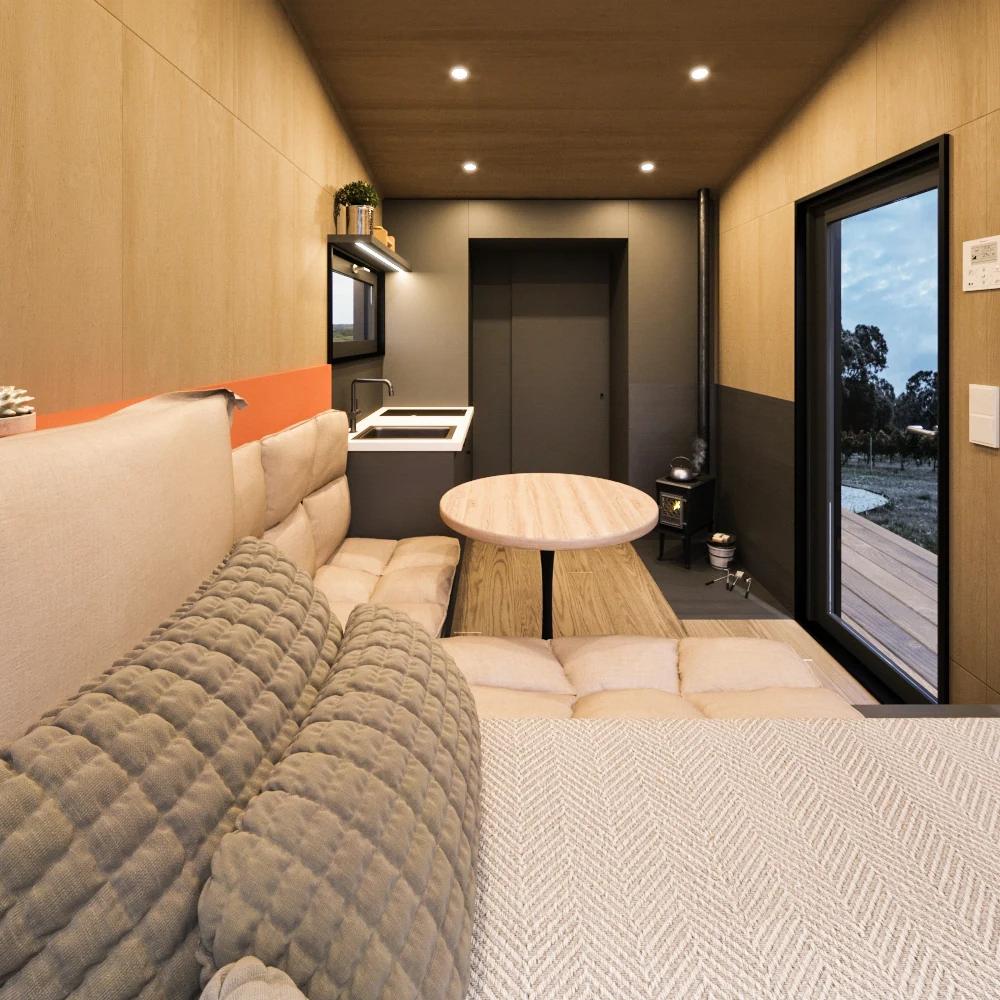 Tiny house Ambra cu soba si interior cu gri antracit si lemn, pat si bucatarie